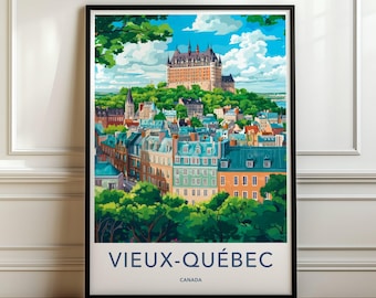 May include: A vertical travel poster print featuring a colorful illustration of the cityscape of Vieux-Québec, Canada, with the prominent Château Frontenac atop a hill, surrounded by lush green trees, blue skies, and the text VIEUX-QUÉBEC CANADA.
