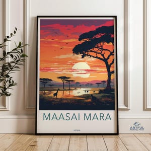 Maasai Mara Wall Art, Sunset African Landscape Print, Giraffes and Wildlife Art, African Safari Decor, Nature Illustration, Kenya Art