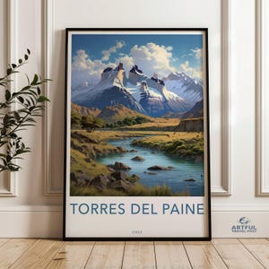 Impression d&#39;art mural Torres del Paine, art du paysage des montagnes de Patagonie, décoration nature, photographie de voyage, affiche panoramique