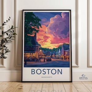Boston Cityscape Wall Art, Sunset Street Scene Poster, Vibrant Urban Home Decor, Colorful Evening Town Print, City Sunset Artwork