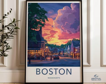 Boston Cityscape Wall Art, Sunset Street Scene Poster, Vibrant Urban Home Decor, Colorful Evening Town Print, City Sunset Artwork