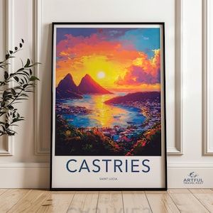 Castries Saint Lucia Sunset Wall Art, Karaibski krajobraz Print, Scenic Beach Sunset Decor, Vibrant Island Artwork Poster