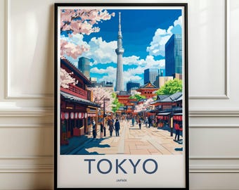 以下が含まれることがあります： 東京スカイツリーを背景に、桜、伝統的な建物、歩行者を描いた東京の街並みの鮮やかなイラストが特徴の、額装された縦型のアートプリントです。下部にはTOKYO JAPANという文字が印刷されています。