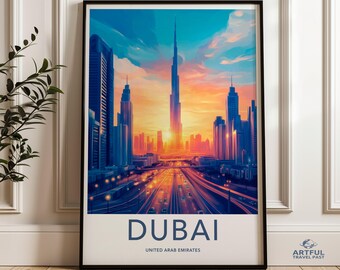Dubai skyline wall art, United Arab Emirates cityscape print, vibrant sunset city view, modern home decor, office wall decoration