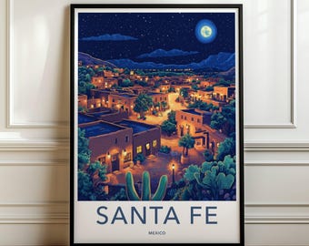 Santa Fe Wandkunst, New Mexico Nachtszene Poster, Southwestern Kunstdruck, Sternennacht Kunstwerk, Wüstenlandschaft Dekor