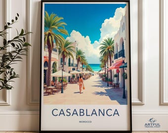 Poster di viaggio di Casablanca, arte murale marocchina, stampa di ispirazione vintage, decorazioni da viaggio retrò, stampa di città costiere, opere d'arte mediterranee