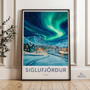 Stampa artistica da parete con aurora boreale di Siglufjordur, decorazione da parete con notte invernale in Islanda, poster artistico con aurora boreale, arte panoramica del villaggio nordico
