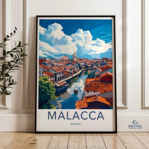 Art mural Malacca, Malaisie, impression paysage urbain, illustration de la ville historique, décoration urbaine, affiche de voyage en Asie du Sud-Est, art vue panoramique