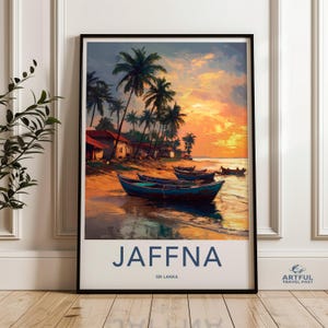 Jaffna Sri Lanka Wall Art, Tropical Beach Scene, Sunset Seascape Painting, Coastal Decor, Boats on Beach Print, Travel Poster, Island Wall