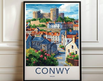 Arte de parede do Castelo de Conwy, impressão de cidade cênica do País de Gales, arte de paisagem histórica, pôster de viagem do Reino Unido, decoração de casa com paisagem urbana, impressão de parede vibrante