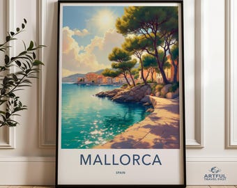 Mallorca Travel Poster, Vintage Style Wall Art, Beach Retro Print, Mediterranean Decor, Coastal Home Artwork, Spain Vacation Souvenir