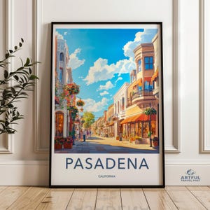 Art mural Pasadena, impression vue de la rue en Californie, affiche de paysage urbain du centre-ville, oeuvre d'art urbaine vibrante, décor de ville coloré