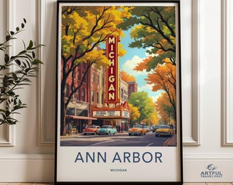 Vintage Ann Arbor Wall Art, Michigan Retro Poster, Mid-Century Modern Decor, Colorful Cityscape Print, Home Decor, USA Travel Artwork
