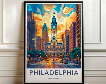 Muurdecoratie met stadsgezicht van Philadelphia, kleurrijke skylineprint, stedelijke woondecoratie, architectuurposter, kunstwerk met stadsmonumenten