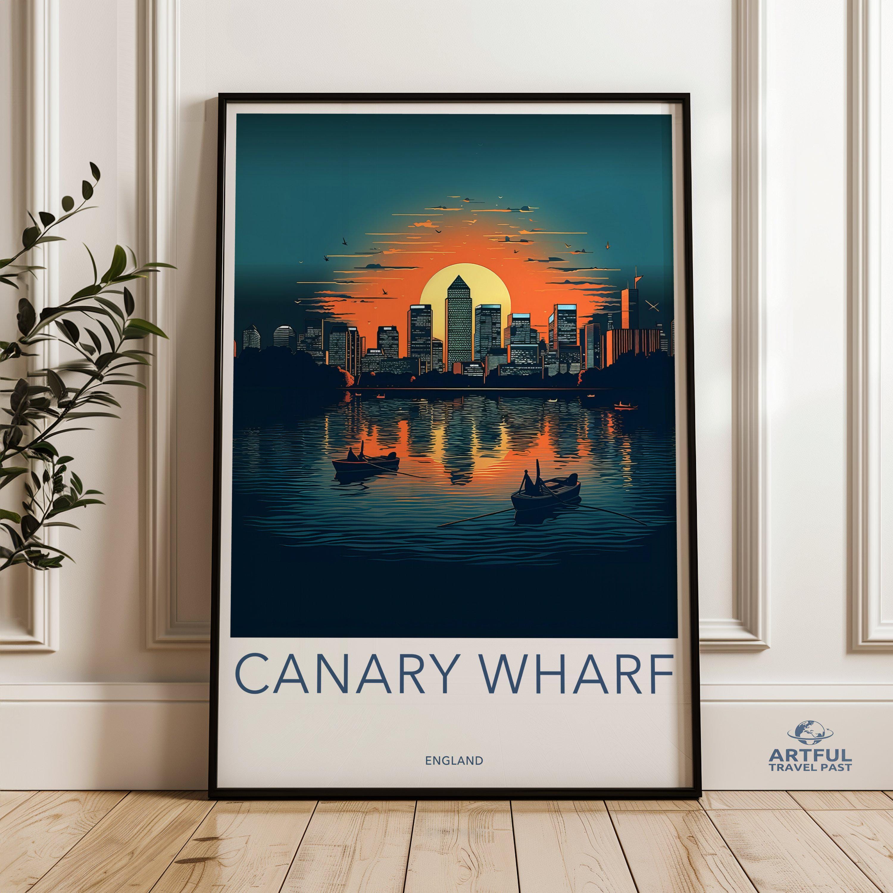 Canary Wharf Wall Art, London Cityscape Print, Modern Sunset Artwork, River Thames Decor, High-Rise Skyline Poster, Urban Landscape