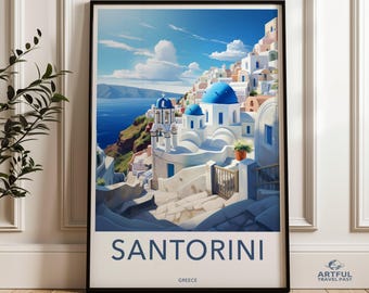 Póster de viaje de Santorini, Grecia, arte mural moderno, impresión de una isla griega pintoresca, arquitectura de cúpula azul, decoración costera, recuerdo de vacaciones