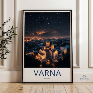 Arte mural de Varna, Bulgaria, impresión de paisaje urbano nocturno, póster de cielo estrellado, decoración con vista panorámica de la ciudad, fotografía de viajes, decoración de pared para el hogar