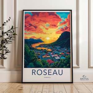 Roseau Dominica Sonnenuntergang Wandkunst, tropische Stadtbild Druck, lebendiges Sonnenuntergang Poster, farbenfrohe Stadtlandschaft Dekor, Karibik Reisegeschenk