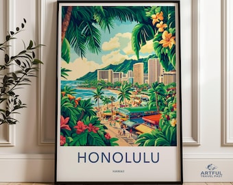 Honolulu Hawaii Wall Art, Tropical Beach Print, City Travel Poster, Oahu Vacation Decor, Palm Tree Art, Hawaiian Souvenir Gift, Island