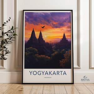 Yogyakarta Indonesia Sunset Wall Art Print, Scenic Indonesian Landscape Decor, Serene Sunset Temple Silhouette, Travel Poster