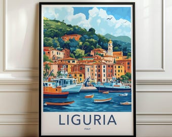 Liguria Italy Wall Art Print, Coastal Village Illustration, Colorful Boats Docked, Scenic Landscape Decor, Travel Poster Art