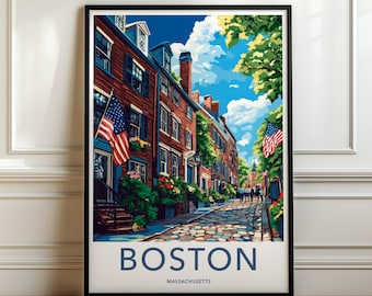 May include: A framed vertical art print depicting a cobblestone street in Boston, Massachusetts. The scene features red brick buildings, American flags, green trees, and a bright blue sky with clouds. The word BOSTON is printed in large blue letters.