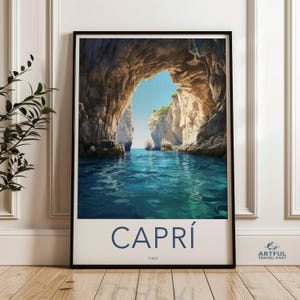 Stampa artistica da parete di Capri, Italia, stampa di paesaggio costiero di grotte, poster del mare mediterraneo, decorazione con vista panoramica sull'oceano