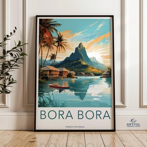 Arte mural de Bora Bora, decoración de paraíso tropical, póster de paisaje escénico, impresión de la Polinesia Francesa, obra de arte para una escapada a la isla, ilustración de viajes