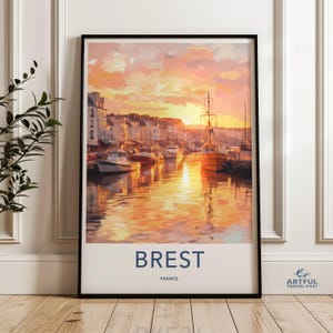 Arte de parede de Brest, França, pintura de pôr do sol no porto, impressão de cidade costeira, pôster de viagem pela Europa, arte de paisagem urbana francesa, fotografia artística