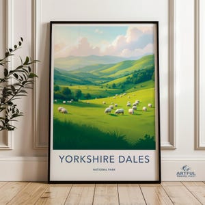 Póster de Yorkshire Dales, arte mural de parque nacional, impresión de paisaje rural, paisaje de colinas verdes, decoración de pastos de ovejas, impresión de naturaleza del Reino Unido