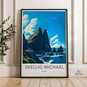 Arte mural de Skellig Michael Ireland, impresión de paisaje costero, póster de viaje, obra de arte de acantilado oceánico, decoración de cielo azul, ilustración de la naturaleza
