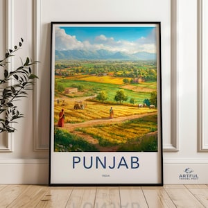 Punjab India Wall Art, Indian Landscape Painting, Village Life Artwork, Rural Scene Print, South Asian Decor, Farm Fields, Mountain View