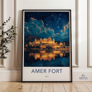 Amer Fort Wandkunst, Indien Wanddekor, Jaipur Nachtlandschaft, Palast Spiegelung, Sternenhimmel Kunst, Reise Poster, Wahrzeichen Indien Wohndekor