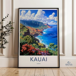 Kauai Hawaii Wall Art Print, Colorful Coastal Landscape, Scenic Beach Decor, Hawaiian Island Artwork, Tropical Nature Poster