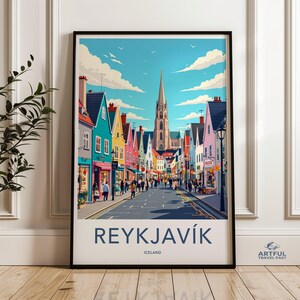 Arte murale di Reykjavik, Islanda, decorazioni colorate per le strade, poster di paesaggi urbani scandinavi, stampa di ricordi di viaggio, opere d'arte di architettura nordica