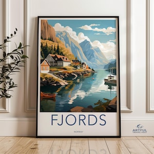 Fjords Norway Scenic Wall Art, Nordic Landscape Art Print, Coastal Village Decor, Nature Inspired Home Decor, Travel Poster