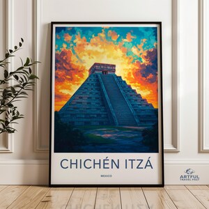 Chichen Itza wall art, Mexico travel print, sunset pyramid poster, ancient ruins decor, Mayan heritage artwork, home decor