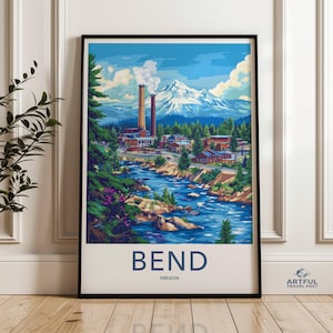 Bend Oregon muurkunst, berglandschap print, stadsgezicht kunstwerk, woondecoratie, reisposter, schilderachtig uitzicht