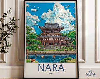 Impresión de arte mural de templo japonés, obra de Nara, Japón, póster de viaje vintage, ilustración de paisaje escénico, decoración del hogar