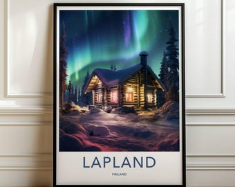 May include: A framed wall art print featuring a log cabin in a snowy landscape under a vibrant green and purple aurora borealis. The cabin has glowing windows and a snow-covered roof. The text at the bottom reads LAPLAND FINLAND in dark blue.