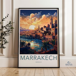 Marrakesh, Marokko muurkunst, levendige stadsgezicht print, prachtige zonsondergang landschap, islamitische architectuur poster, Marokkaans decor, reiskunstwerk