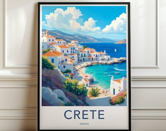 May include: A framed travel poster featuring a coastal scene in Crete, Greece. The illustration depicts white buildings with orange roofs nestled on a rocky hillside overlooking a turquoise bay with a blue sky and white clouds. The text reads CRETE GREECE.