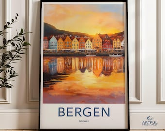 Bergen Norway Wall Art, Colorful Norwegian Houses Print, Sunset Scandinavian Landscape Decor, Home and Office Decor