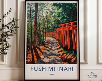 Japanese Fushimi Inari Shrine Wall Art, Red Torii Gates Path Print, Japan Nature Landscape Poster, Asian Temple Artwork Decor