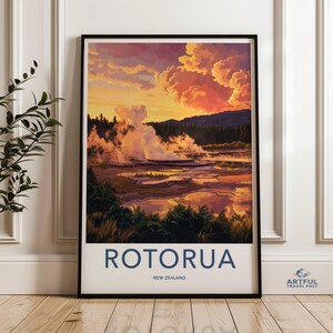 Scenic Rotorua Wall Art, New Zealand Landscape Print, Stunning Nature Poster, Sunset Hot Springs Artwork, Travel Destination Decor