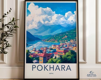 Pokhara Nepal Wall Art Print, Lake and Mountain Scenery Poster, Travel Landscape Illustration, Colorful City View Decor