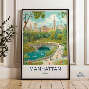 Manhattan New York Wall Art, Central Park Illustration, NYC Cityscape Print, Urban Decor, Travel Poster, Scenic Artwork for Home
