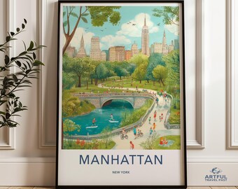 Manhattan New York Wall Art, Central Park Illustration, NYC Cityscape Print, Urban Decor, Travel Poster, Scenic Artwork for Home