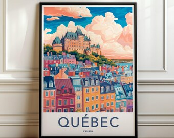 May include: A framed travel poster featuring a colorful illustration of the Quebec City skyline, including the Chateau Frontenac, set against a sky with pink and blue clouds. The text QUÉBEC CANADA is printed in dark blue at the bottom of the print.