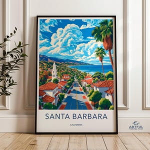 Santa Barbara California Wall Art, Travel Print, California Coastal Decor, Beach House Art, Palm Trees, Cityscape, Vacation Home, Souvenir